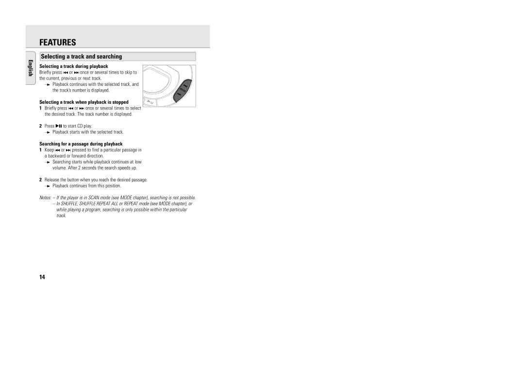 Philips ACT 7585 manual Features, Selecting a track and searching, Selecting a track during playback 