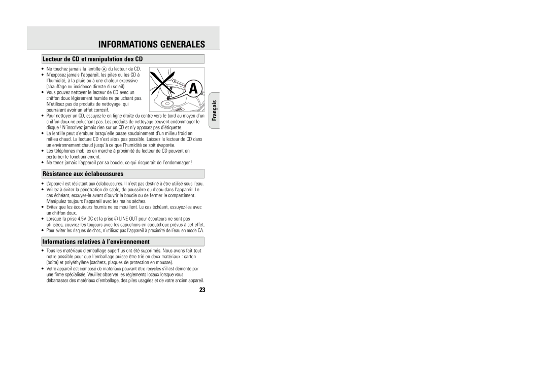 Philips ACT 7585 manual Informations Generales, Lecteur de CD et manipulation des CD, Résistance aux éclaboussures 