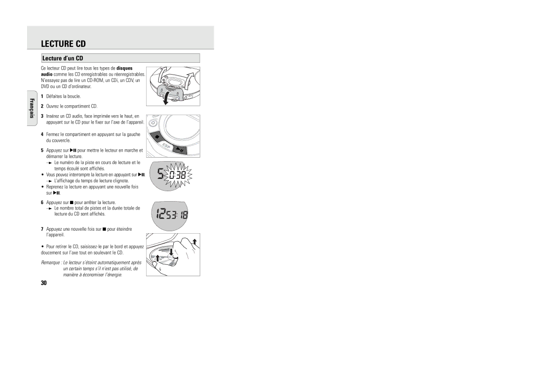 Philips ACT 7585 manual Lecture CD, Lecture d’un CD, Temps écoulé sont affichés 