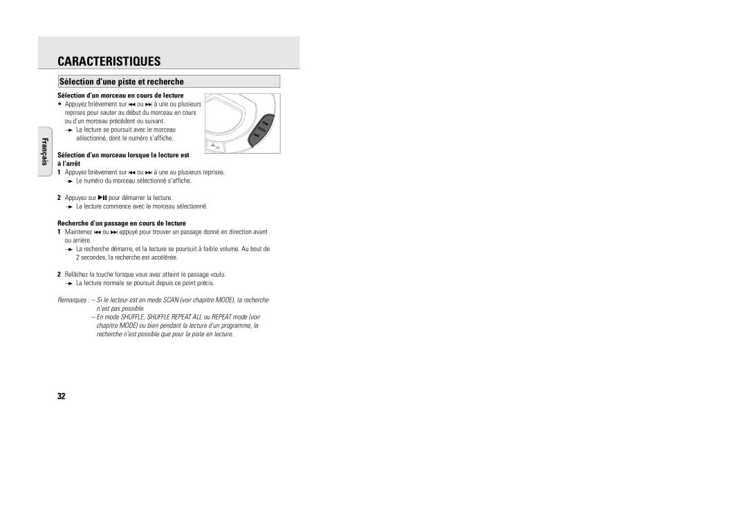 Philips ACT 7585 manual Caracteristiques, Sélection d’une piste et recherche, Sélection d’un morceau en cours de lecture 