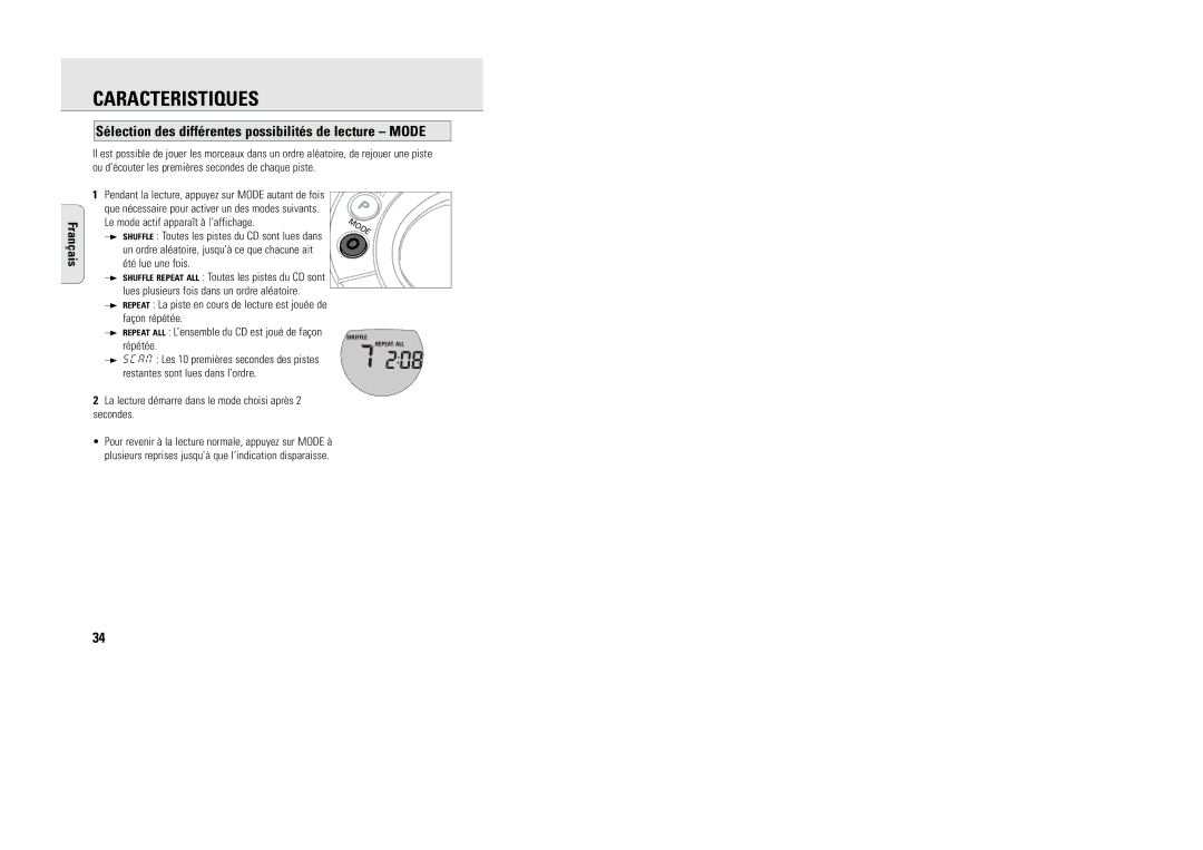 Philips ACT 7585 manual Sélection des différentes possibilités de lecture Mode 