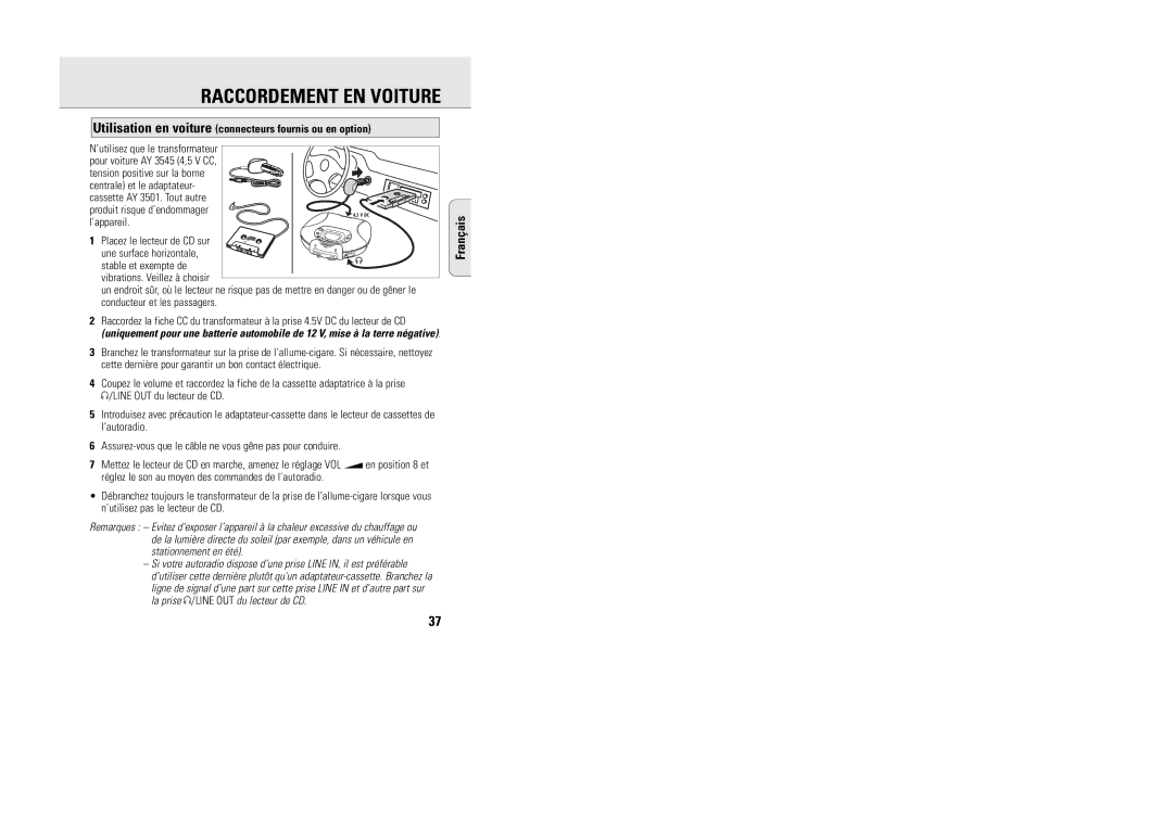 Philips ACT 7585 manual Raccordement EN Voiture, Utilisation en voiture connecteurs fournis ou en option 