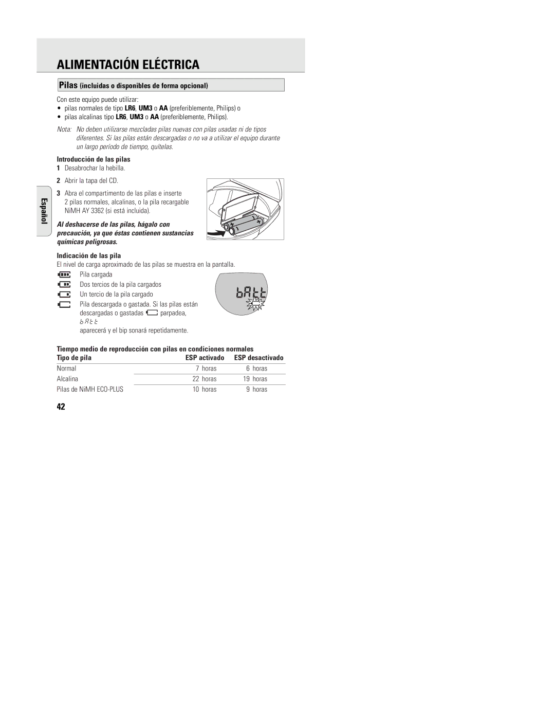 Philips ACT 7585 manual Alimentación Eléctrica, Pilas incluidas o disponibles de forma opcional, Introducción de las pilas 