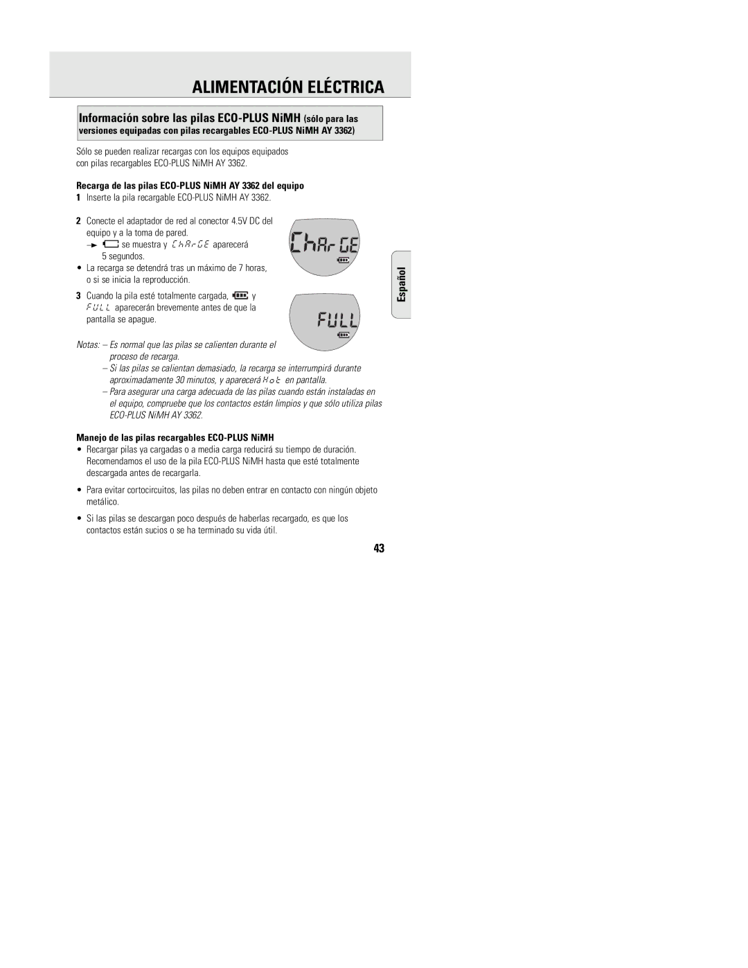 Philips ACT 7585 manual Alimentación Eléctrica, Recarga de las pilas ECO-PLUS NiMH AY 3362 del equipo 