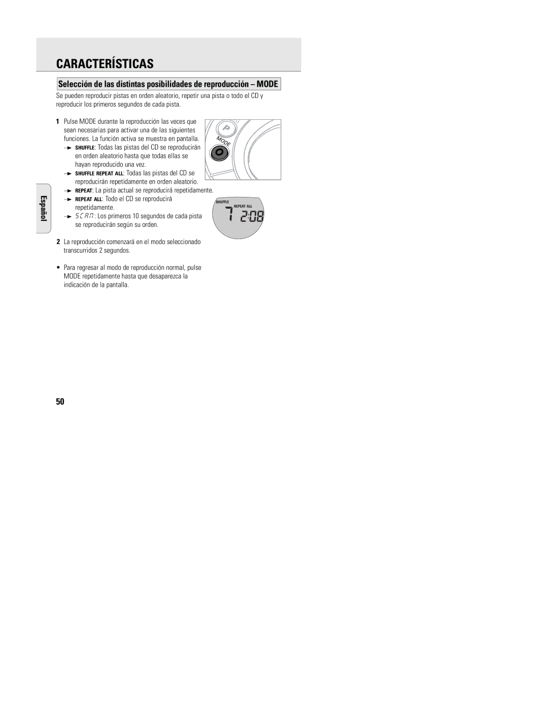 Philips ACT 7585 manual Repeat ALL Todo el CD se reproducirá Repetidamente 