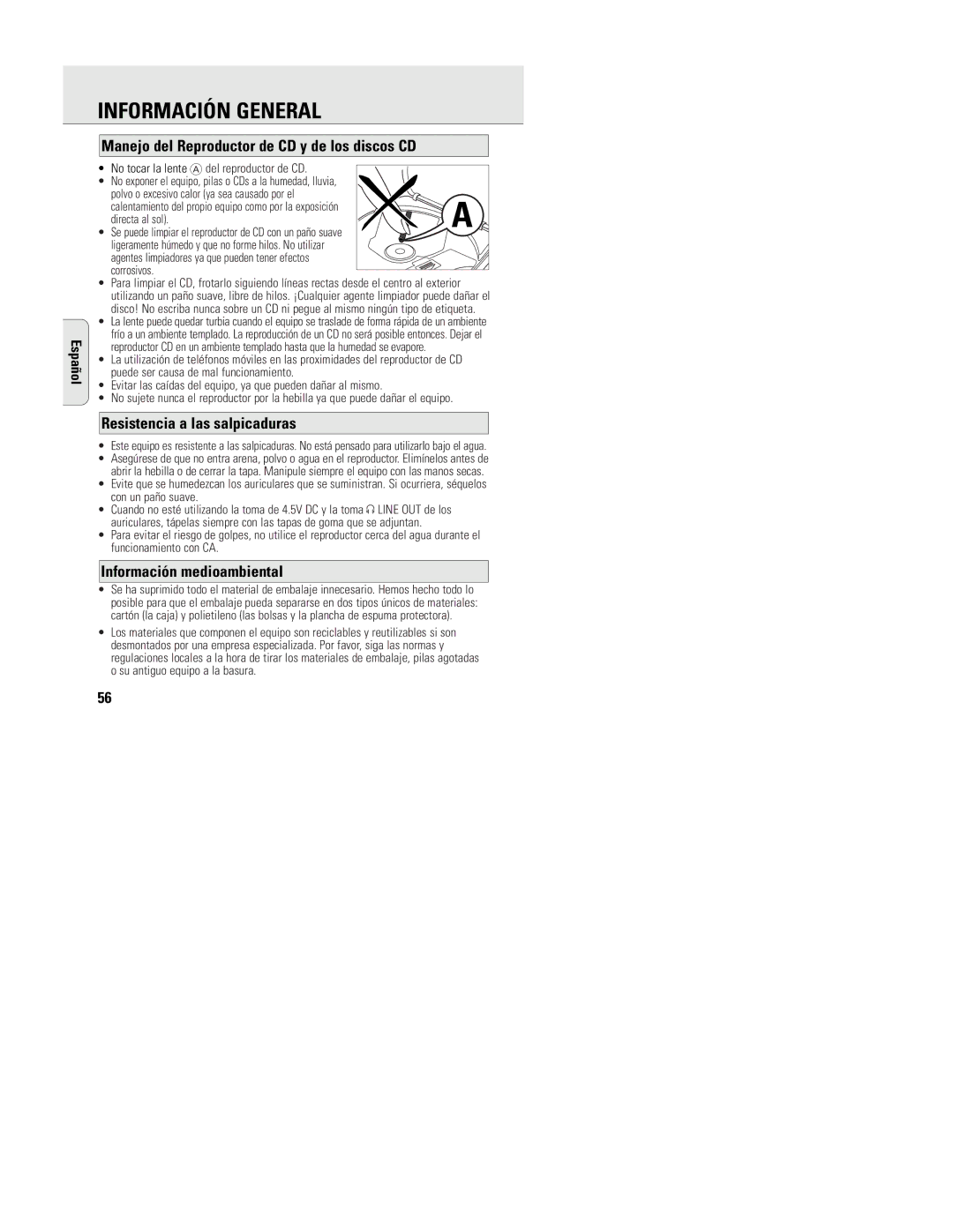 Philips ACT 7585 Información General, Manejo del Reproductor de CD y de los discos CD, Resistencia a las salpicaduras 