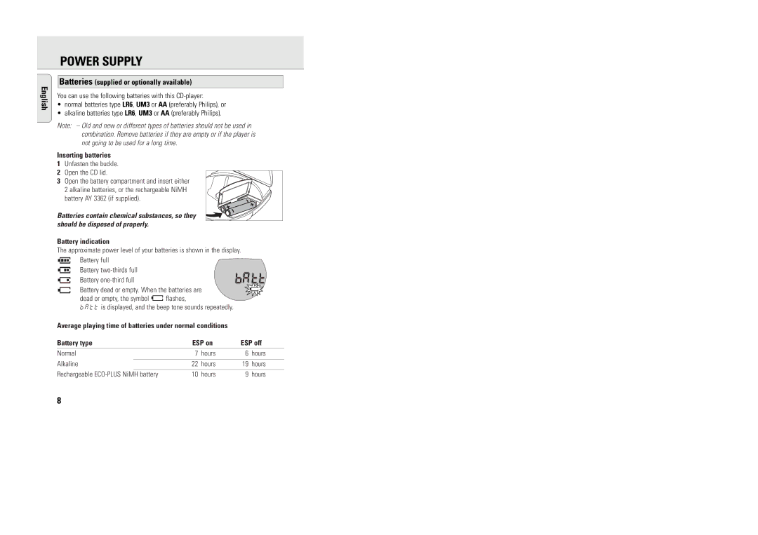 Philips ACT 7585 manual Power Supply, Batteries supplied or optionally available, Inserting batteries, Battery indication 