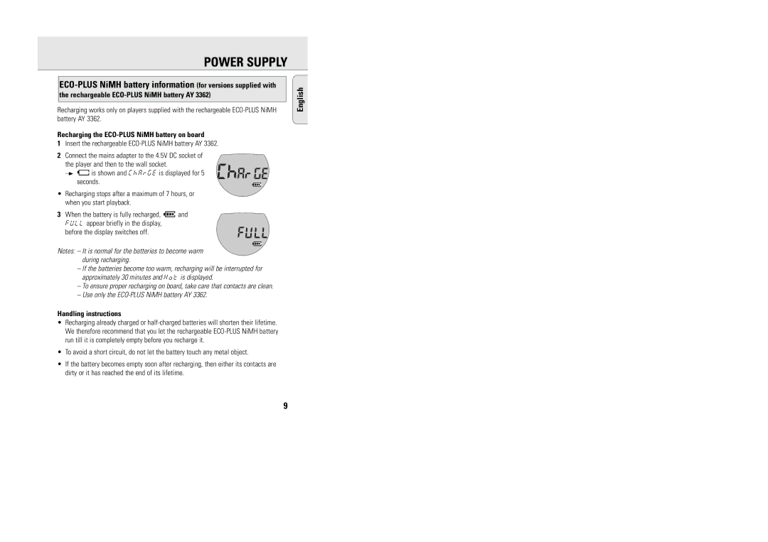 Philips ACT 7585 manual Rechargeable ECO-PLUS NiMH battery AY, Recharging the ECO-PLUS NiMH battery on board 