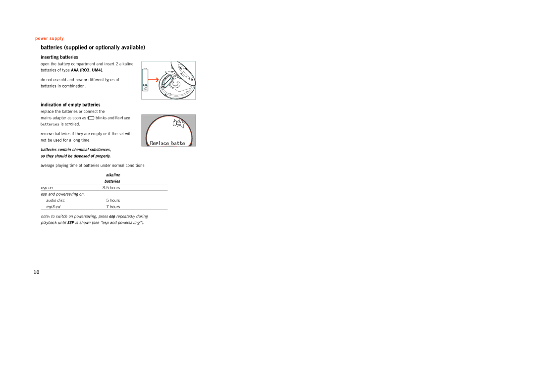 Philips ACT300 manual Batteries supplied or optionally available, Inserting batteries, Indication of empty batteries 