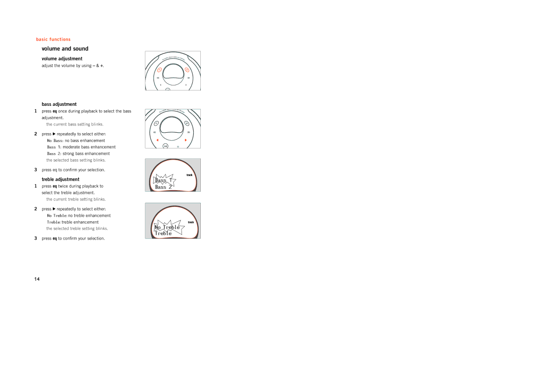 Philips ACT300 manual Volume and sound, Volume adjustment, Bass adjustment, Treble adjustment 