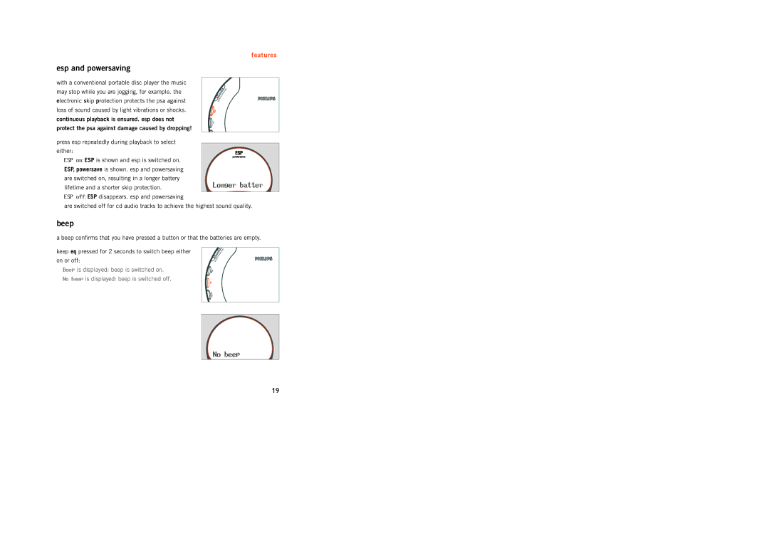 Philips ACT300 manual Esp and powersaving, Beep, Continuous playback is ensured. esp does not 