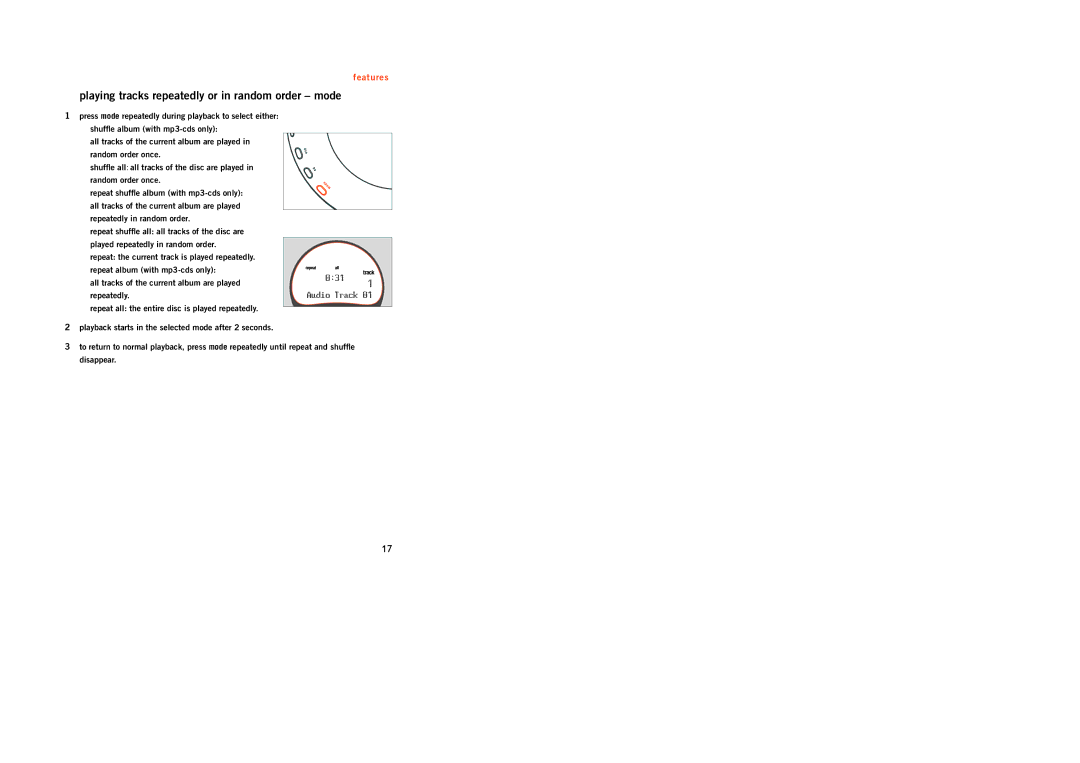 Philips ACT400 manual Playing tracks repeatedly or in random order mode, Repeatedly 