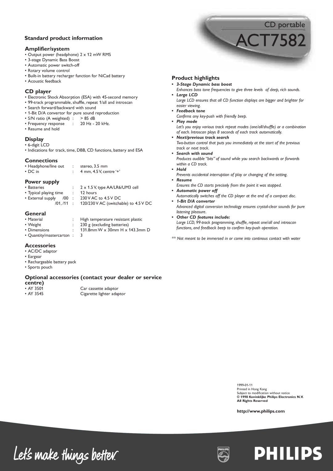 Philips ACT7582 Standard product information Amplifier/system, CD player, Display, Connections, Power supply, General 