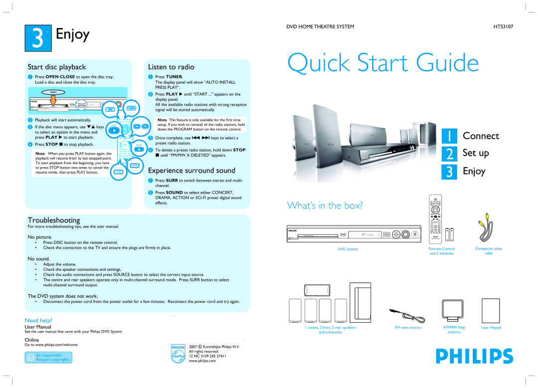 Philips Active Speaker System Enjoy, Start disc playback Listen to radio, Experience surround sound, Troubleshooting 