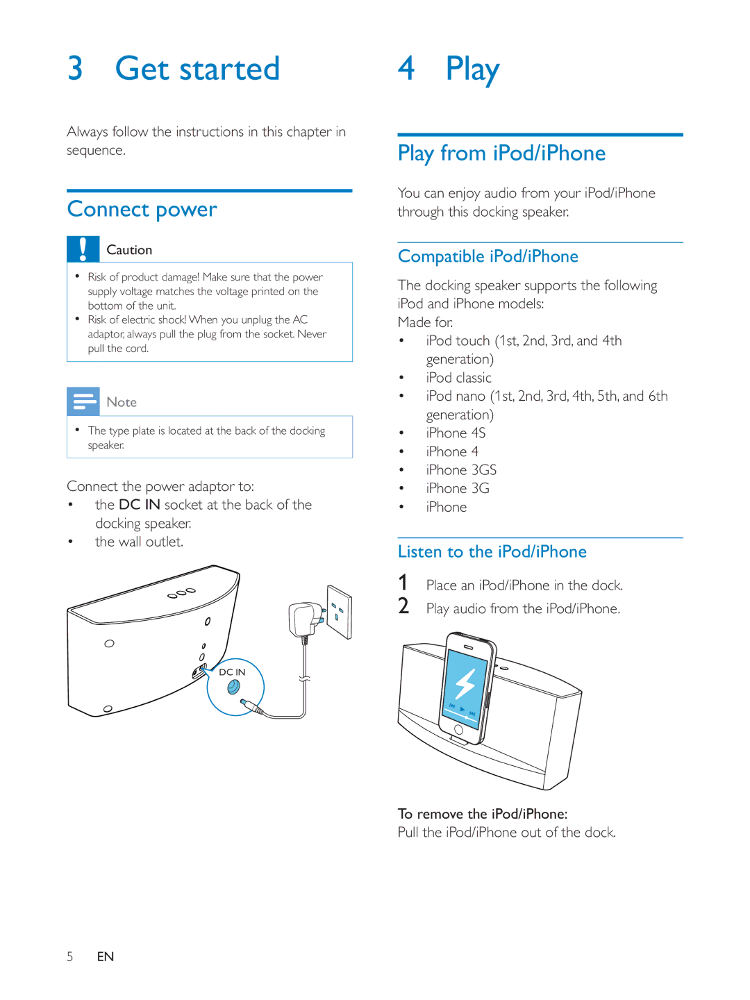 Philips AD620 user manual Get started, Connect power, Play from iPod/iPhone 