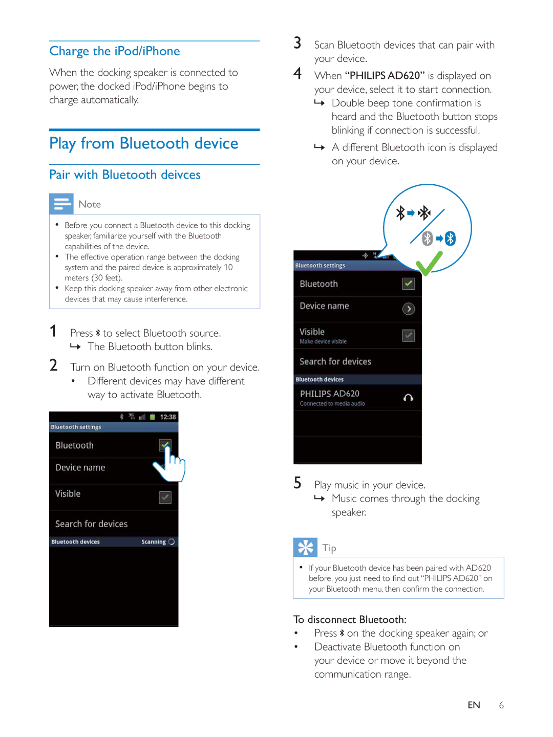 Philips AD620 user manual Play from Bluetooth device, Charge the iPod/iPhone, Pair with Bluetooth deivces 