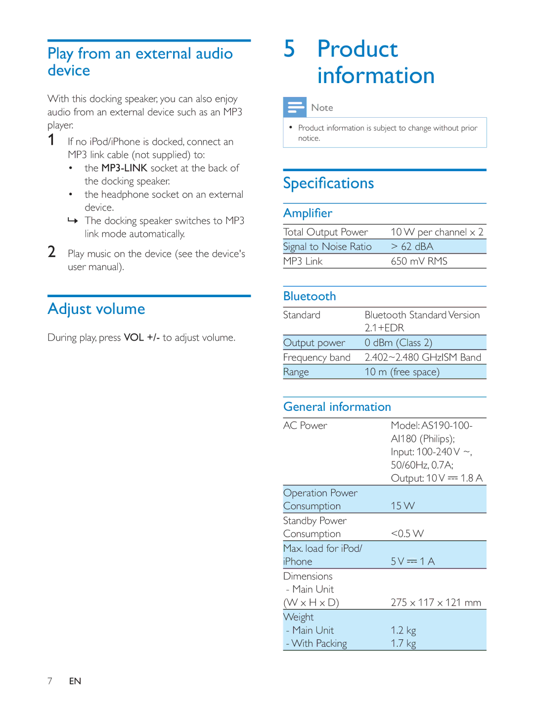 Philips AD620 Product information, Play from an external audio device, Adjust volume, Bluetooth, General information 