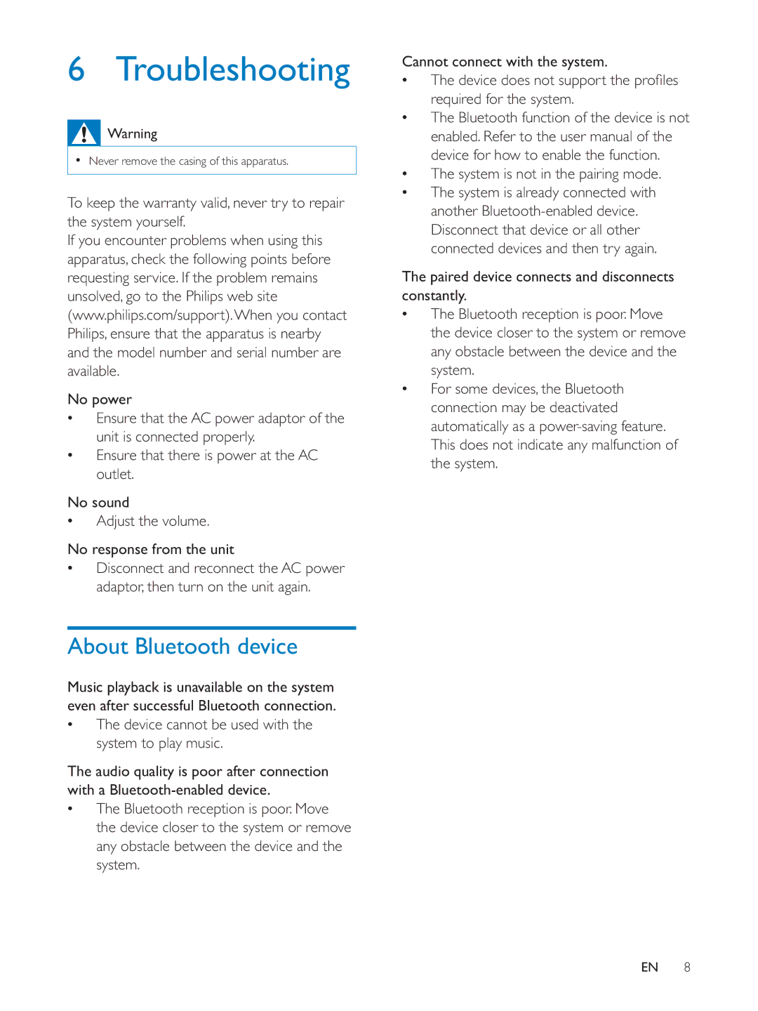 Philips AD620 user manual Troubleshooting, About Bluetooth device, Device cannot be used with the system to play music 