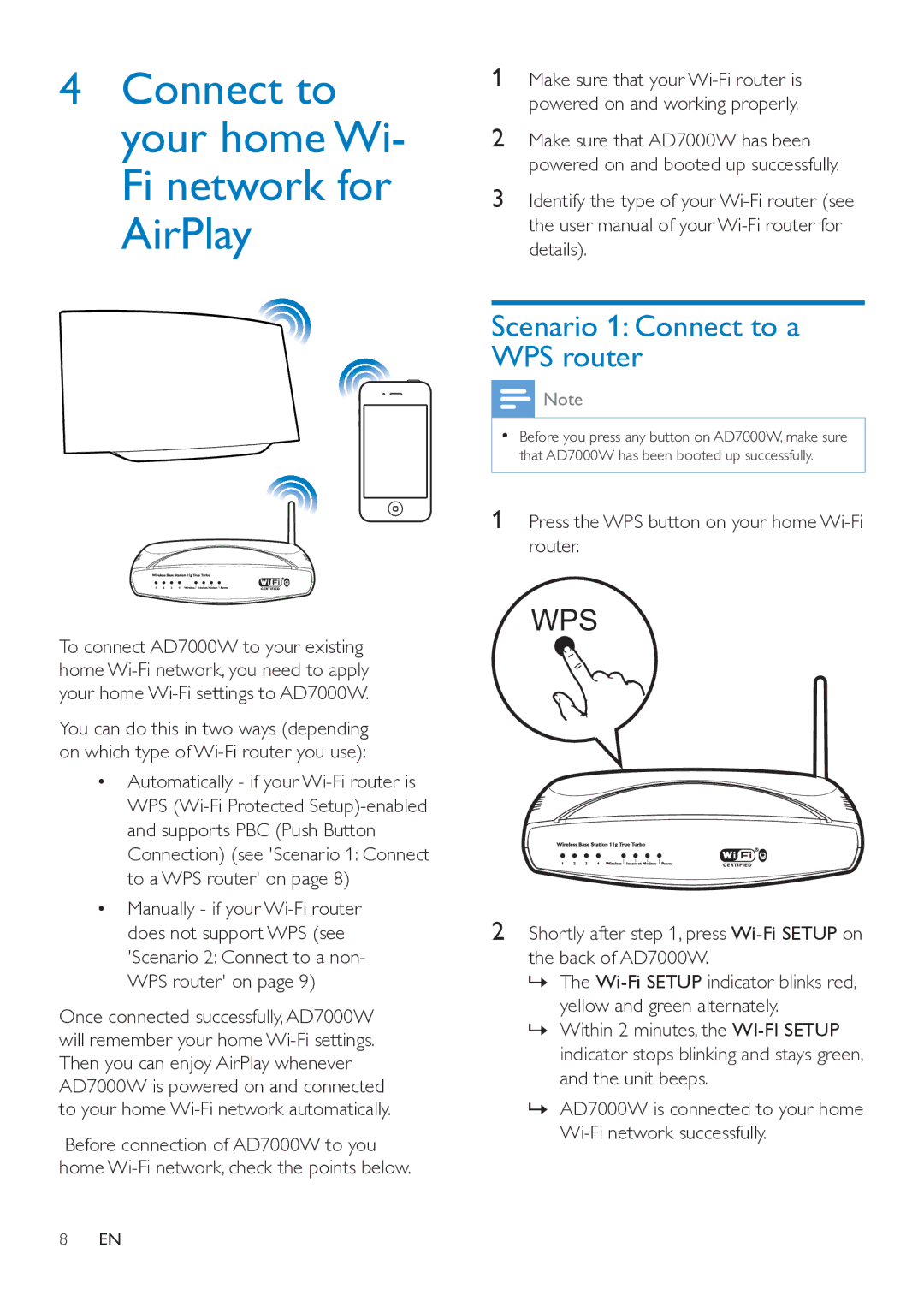 Philips AD7000W user manual Scenario 1 Connect to a WPS router, Press the WPS button on your home Wi-Fi router 