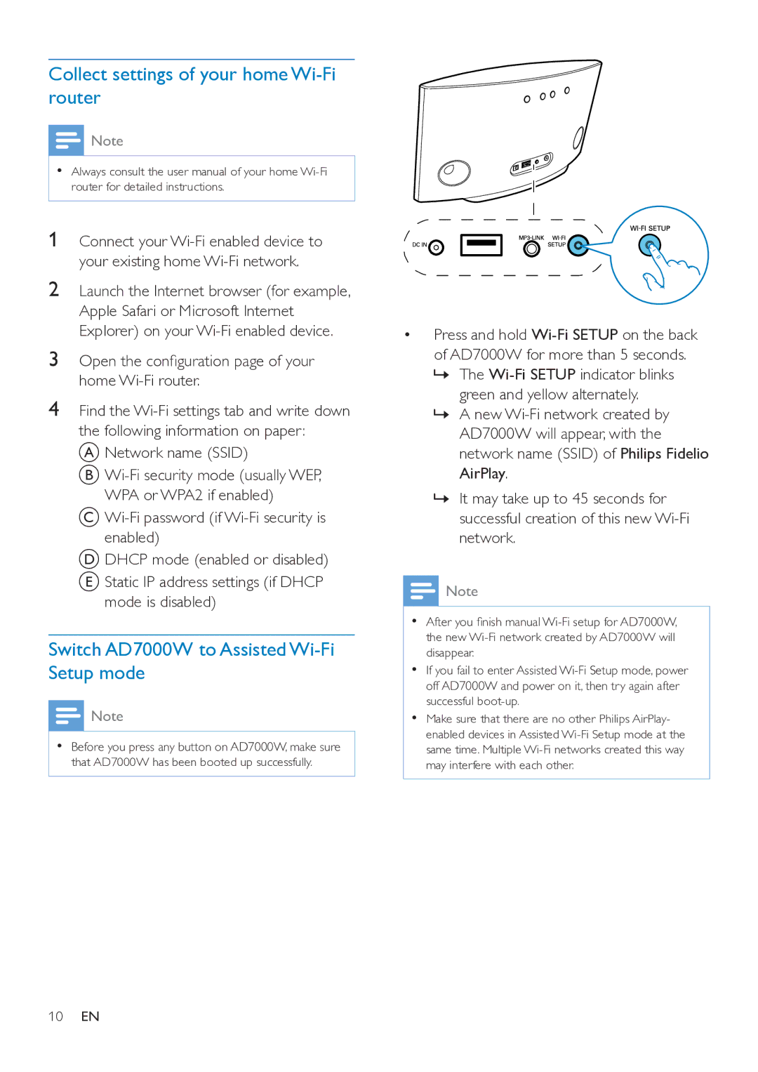 Philips user manual Collect settings of your home Wi-Fi router, Switch AD7000W to Assisted Wi-Fi Setup mode 