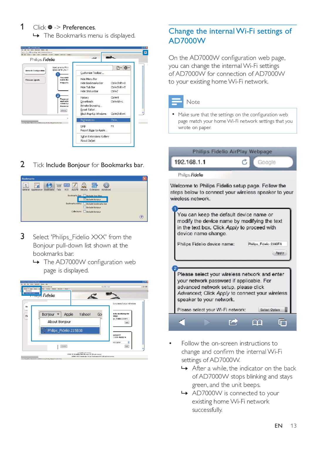 Philips user manual Change the internal Wi-Fi settings of AD7000W, Click Preferences »»The Bookmarks menu is displayed 