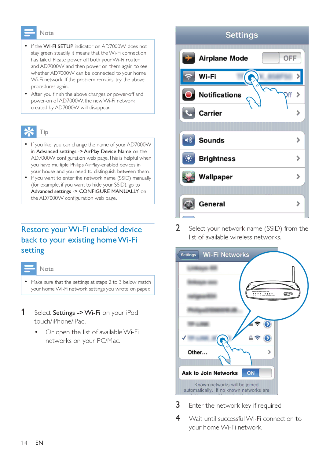 Philips AD7000W user manual Select Settings Wi-Fi on your iPod touch/iPhone/iPad, Enter the network key if required 