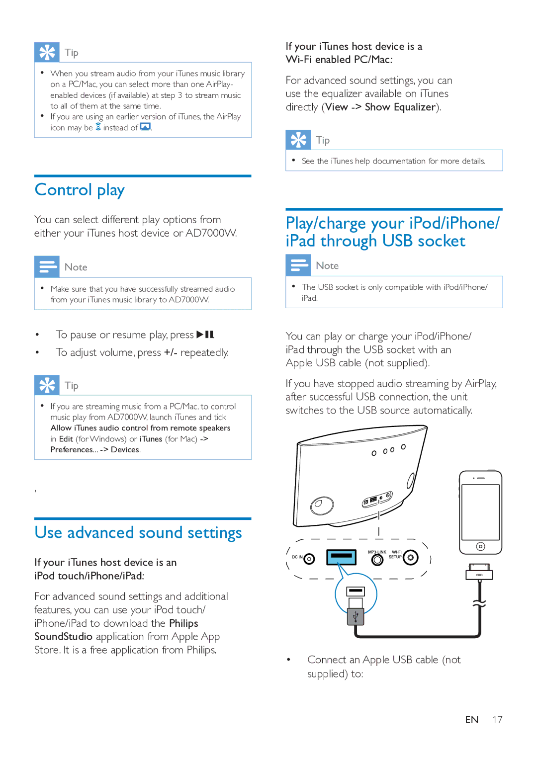 Philips AD7000W Control play, Use advanced sound settings, If your iTunes host device is an iPod touch/iPhone/iPad 