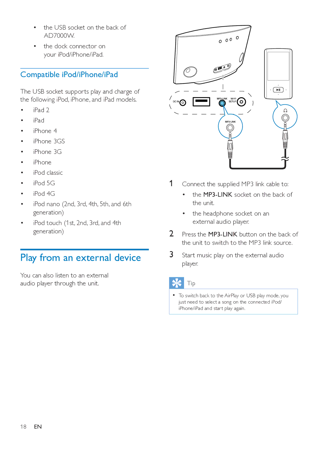 Philips user manual Play from an external device, Compatible iPod/iPhone/iPad, USB socket on the back of AD7000W 