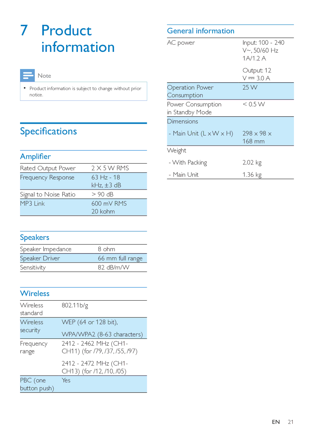 Philips AD7000W user manual Specifications, Amplifier, Speakers, Wireless, General information 