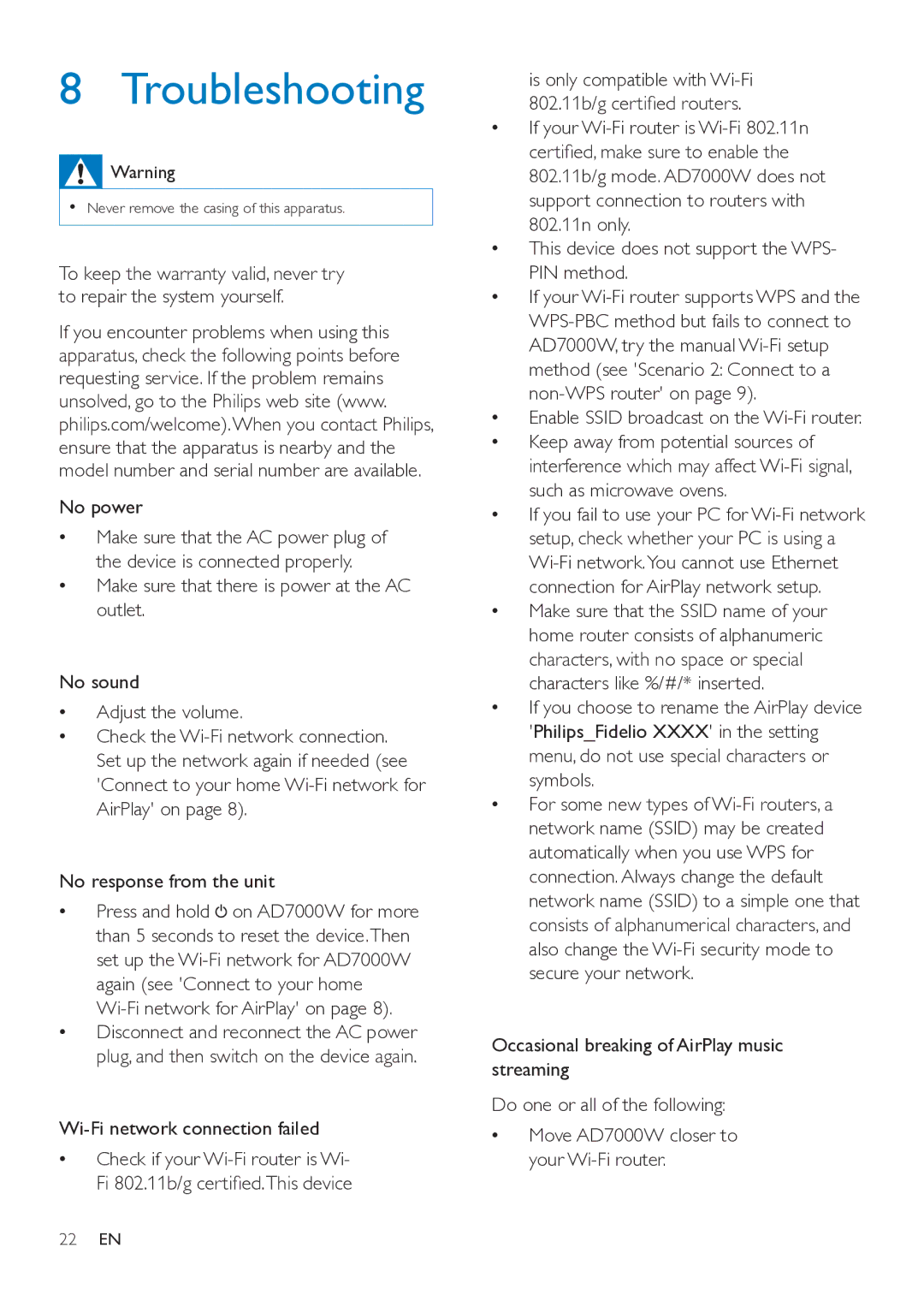 Philips AD7000W user manual Troubleshooting, Wi-Fi network connection failed 