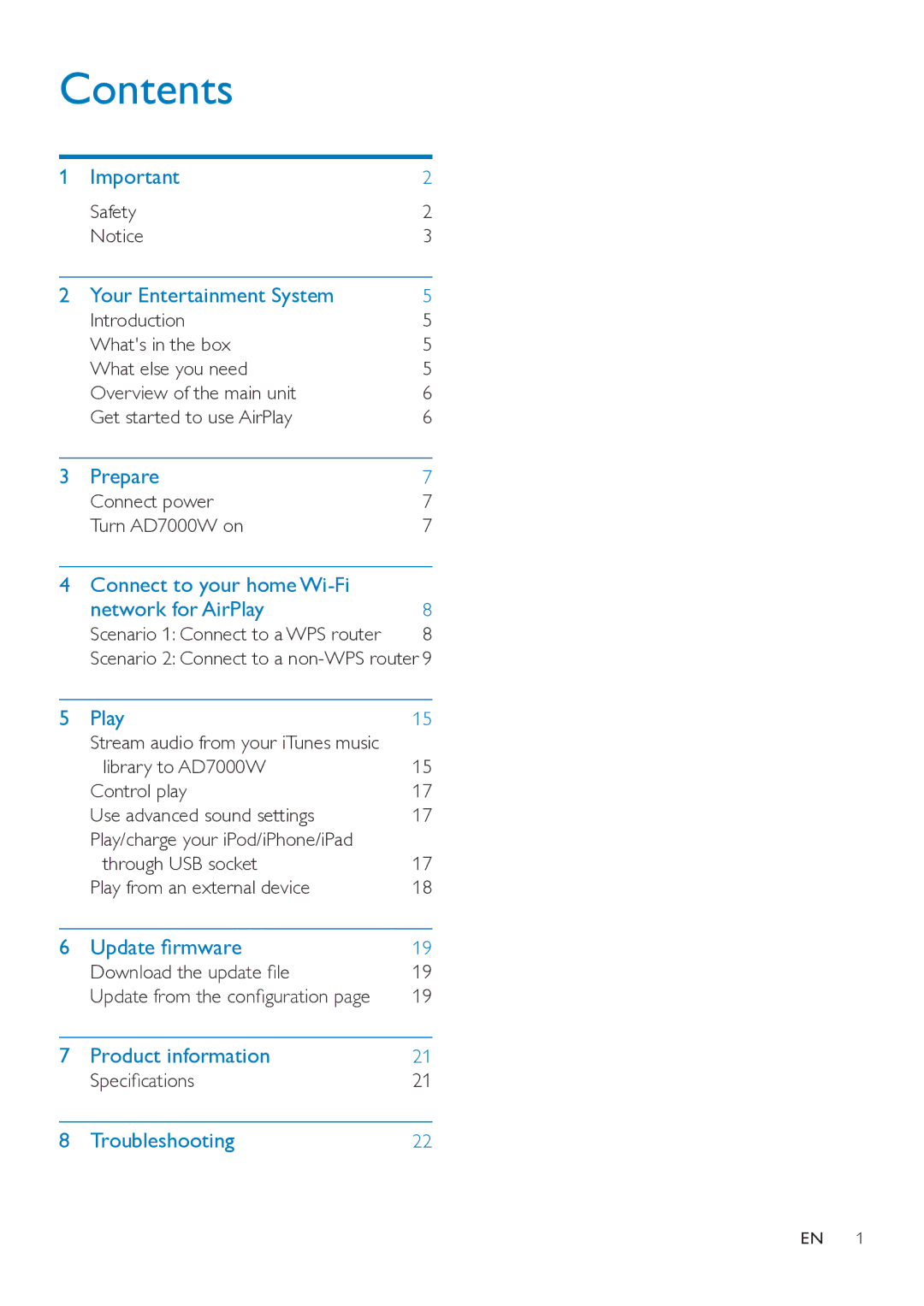 Philips AD7000W user manual Contents 