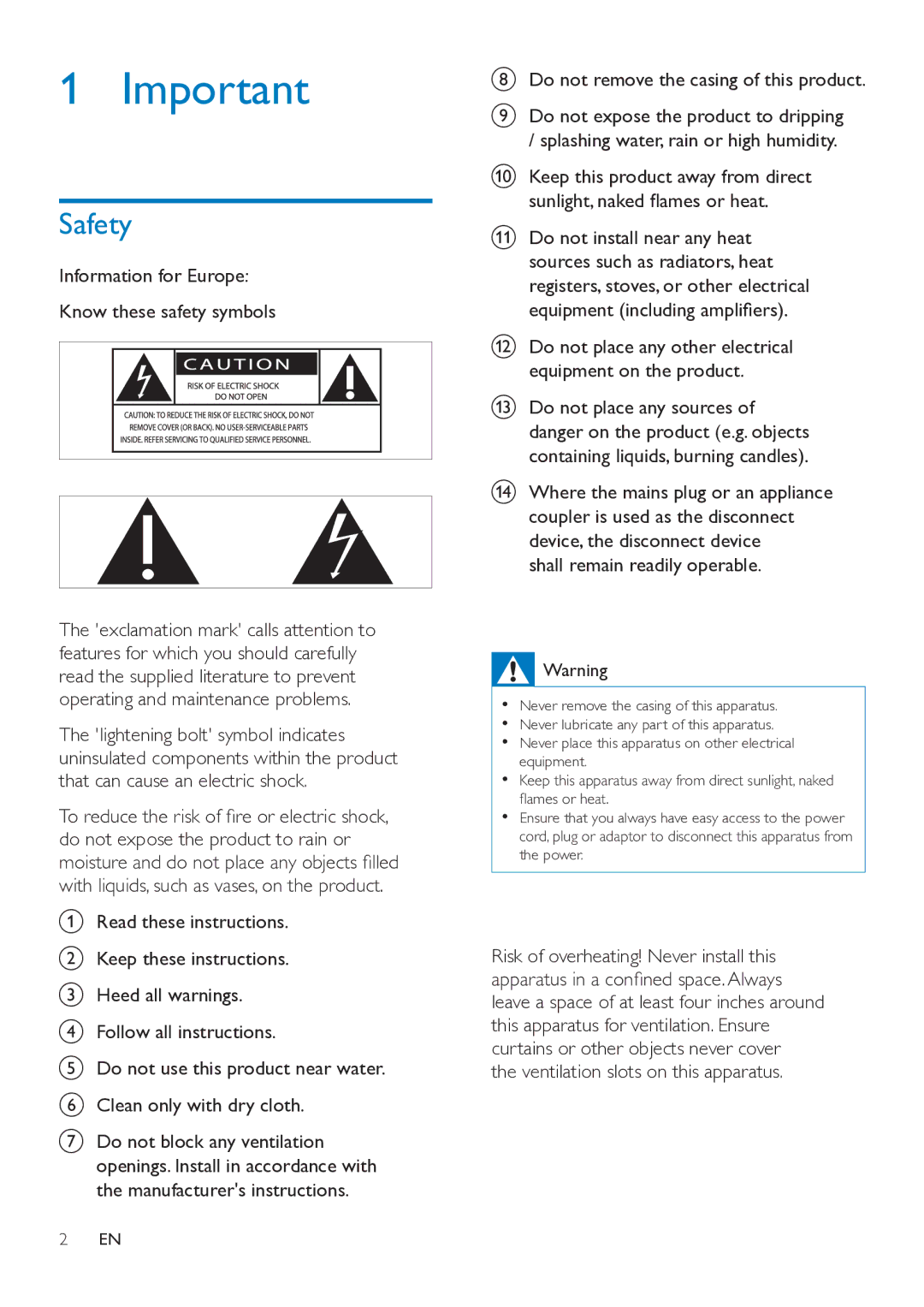 Philips AD7000W Safety, Information for Europe Know these safety symbols, Do not remove the casing of this product 