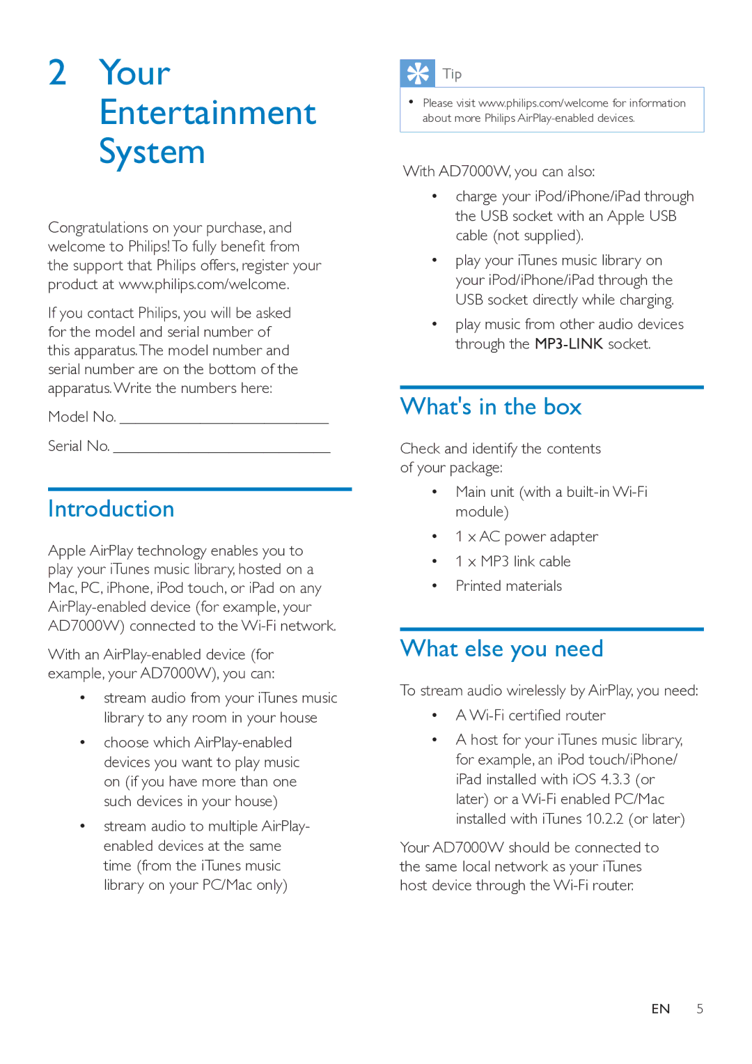 Philips AD7000W user manual Introduction, Whats in the box, What else you need, Model No Serial No 