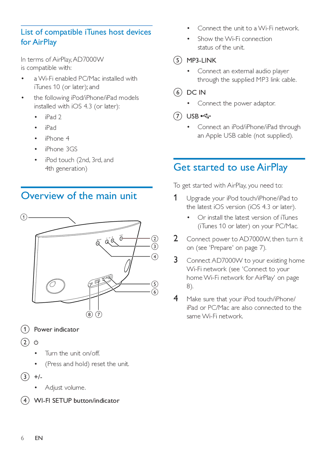 Philips AD7000W Overview of the main unit, Get started to use AirPlay, List of compatible iTunes host devices for AirPlay 