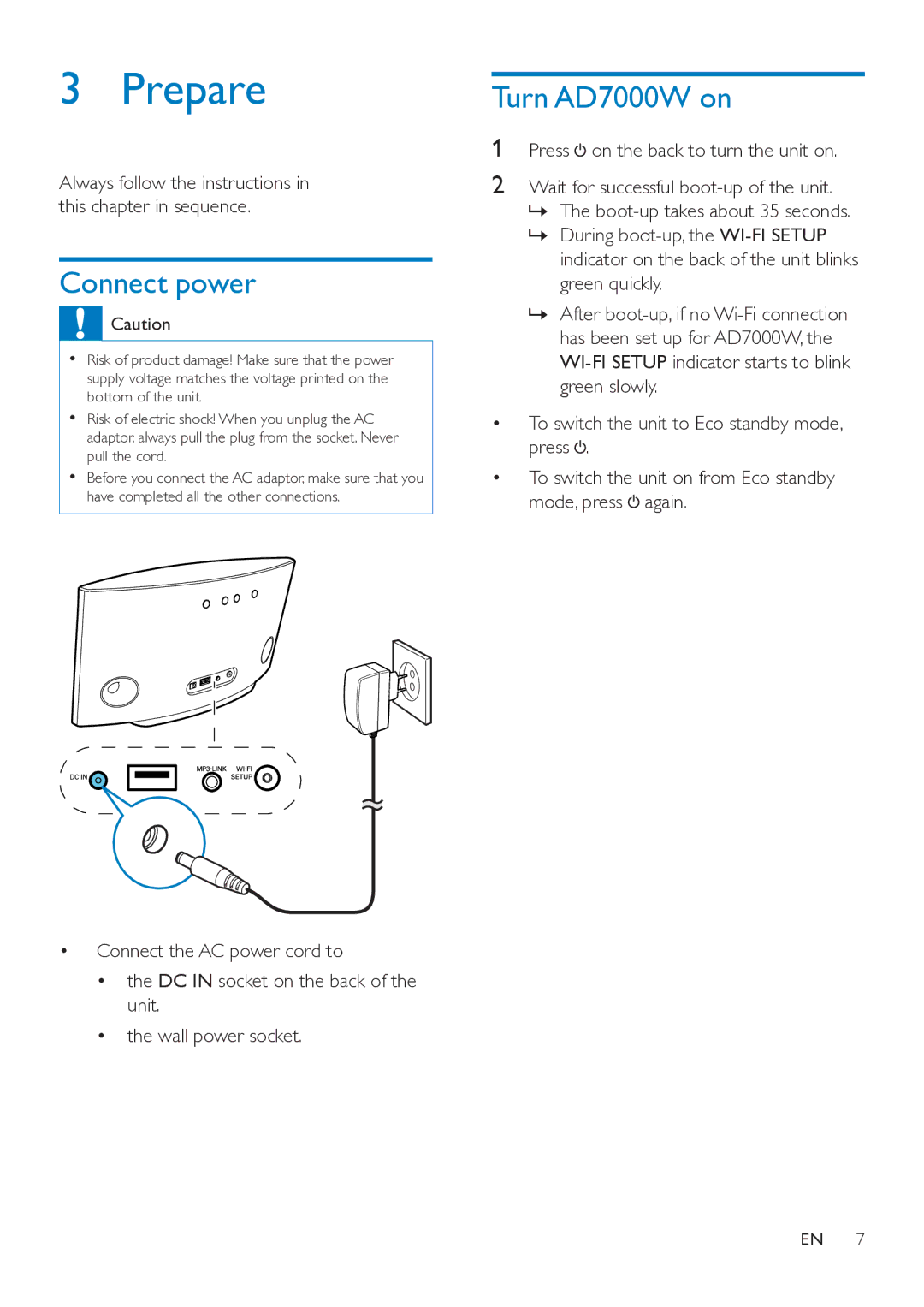 Philips user manual Prepare, Connect power, Turn AD7000W on 