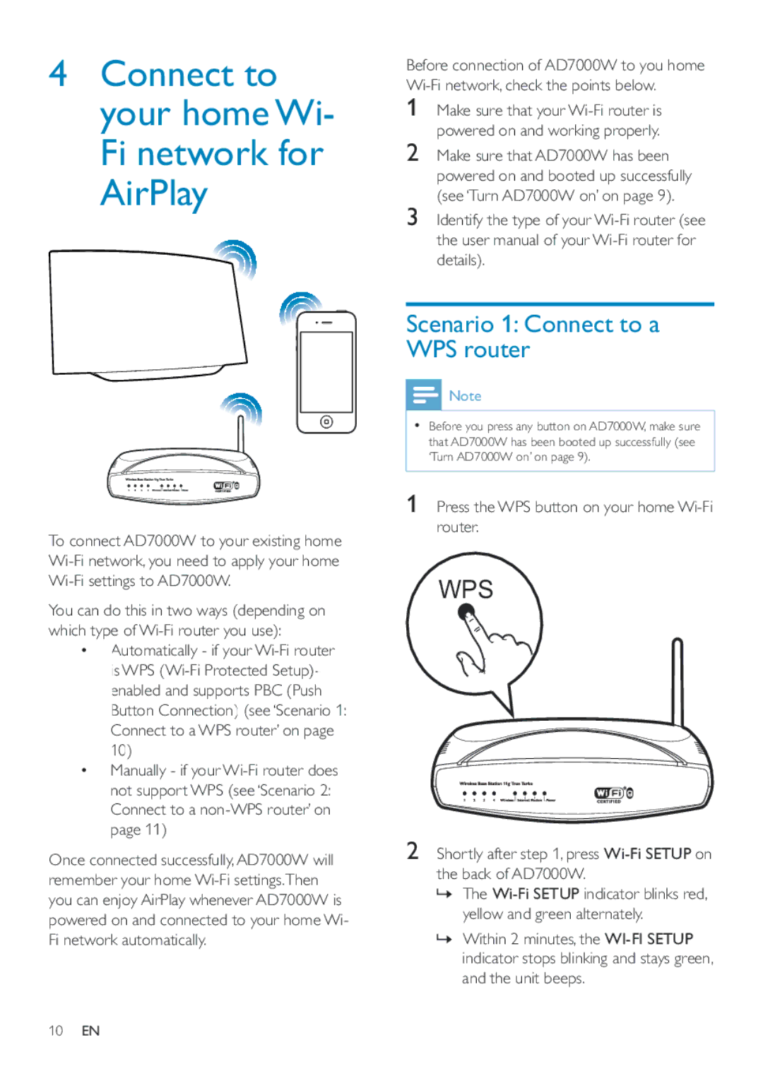 Philips AD7000W/12 user manual Connect to your home Wi- Fi network for AirPlay, Scenario 1 Connect to a WPS router 