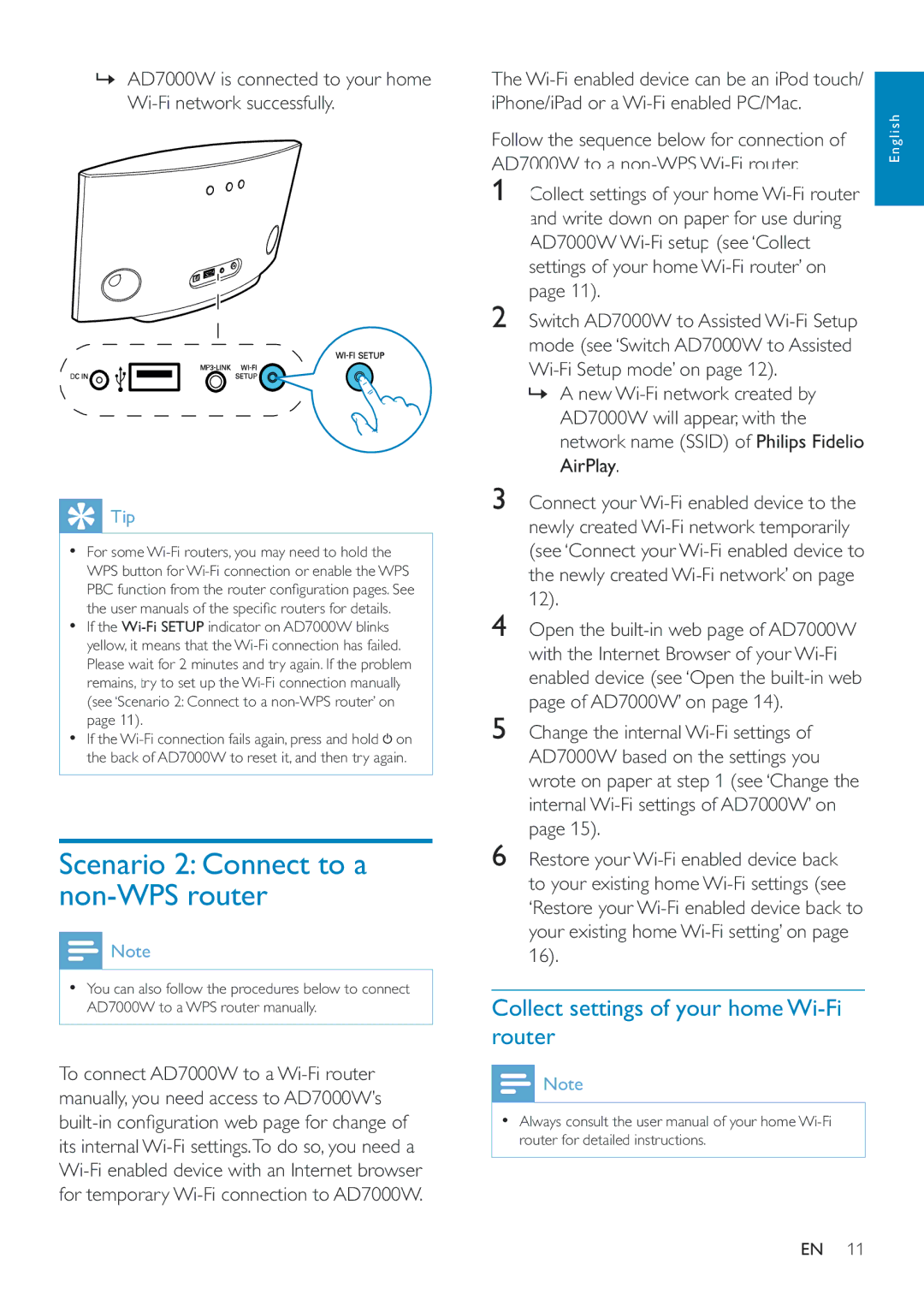 Philips AD7000W/12 user manual Scenario 2 Connect to a non-WPS router, Collect settings of your home Wi-Fi router 