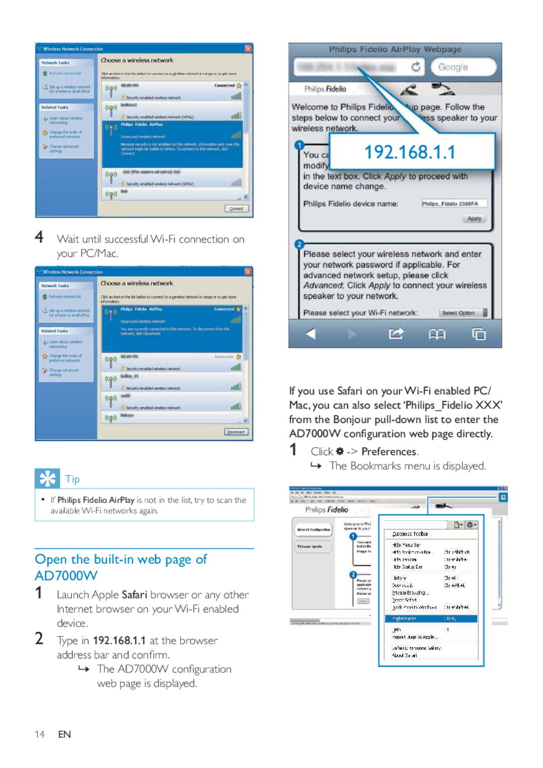 Philips AD7000W/12 user manual Open the built-in web page of AD7000W, Wait until successful Wi-Fi connection on your PC/Mac 