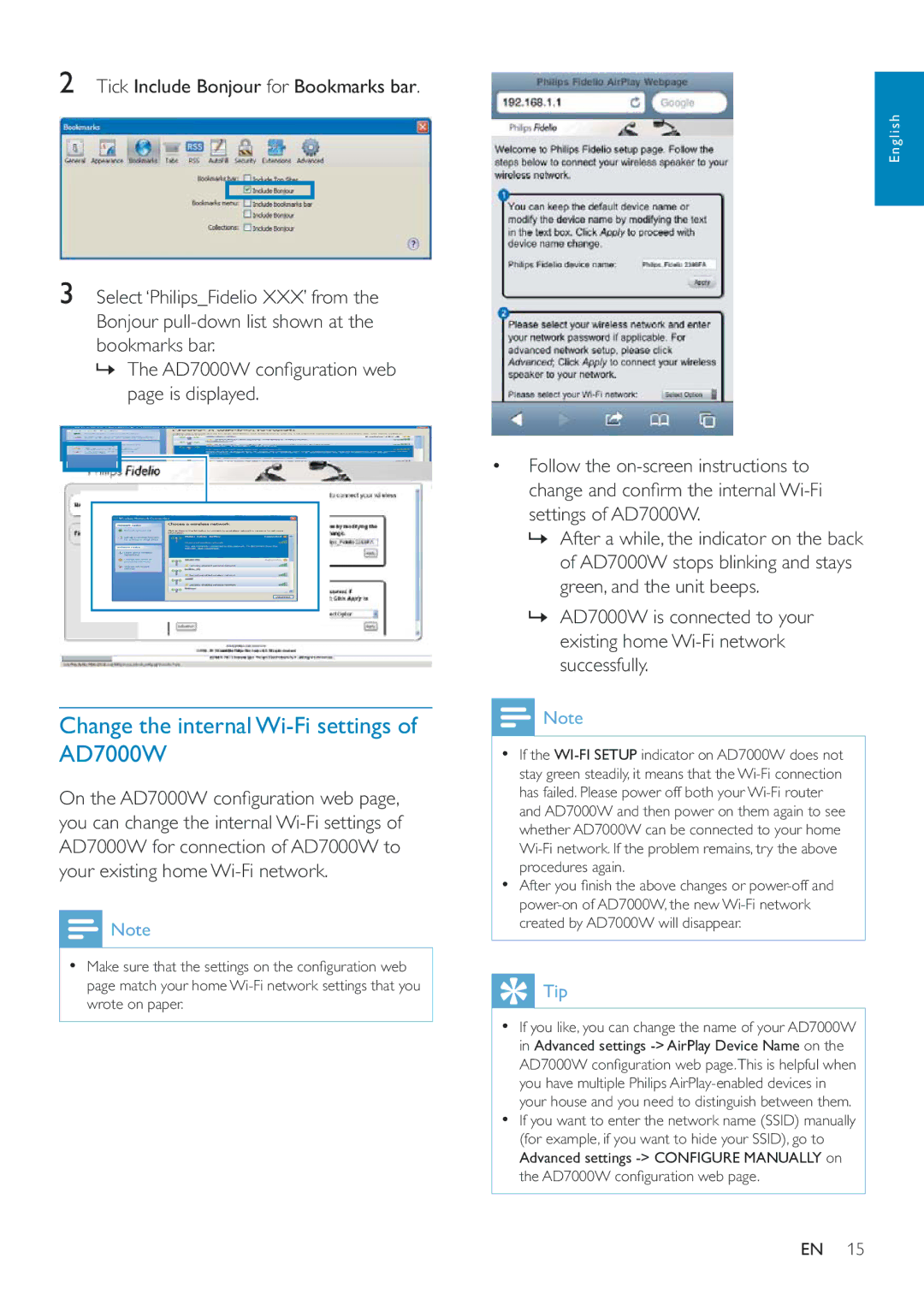 Philips AD7000W/12 user manual Change the internal Wi-Fi settings of AD7000W, Tick Include Bonjour for Bookmarks bar 