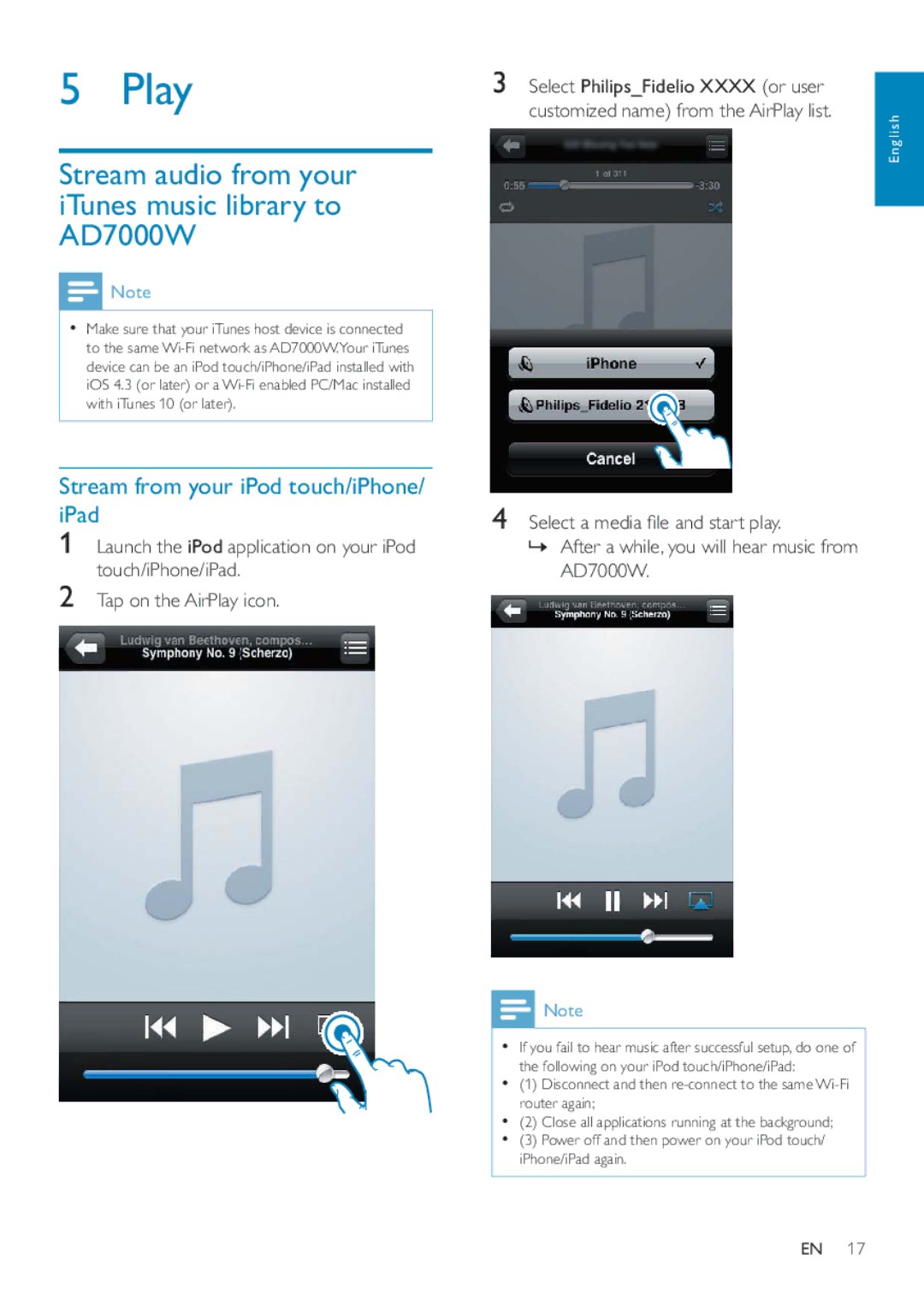 Philips AD7000W/12 Play, Stream audio from your iTunes music library to AD7000W, Stream from your iPod touch/iPhone/ iPad 