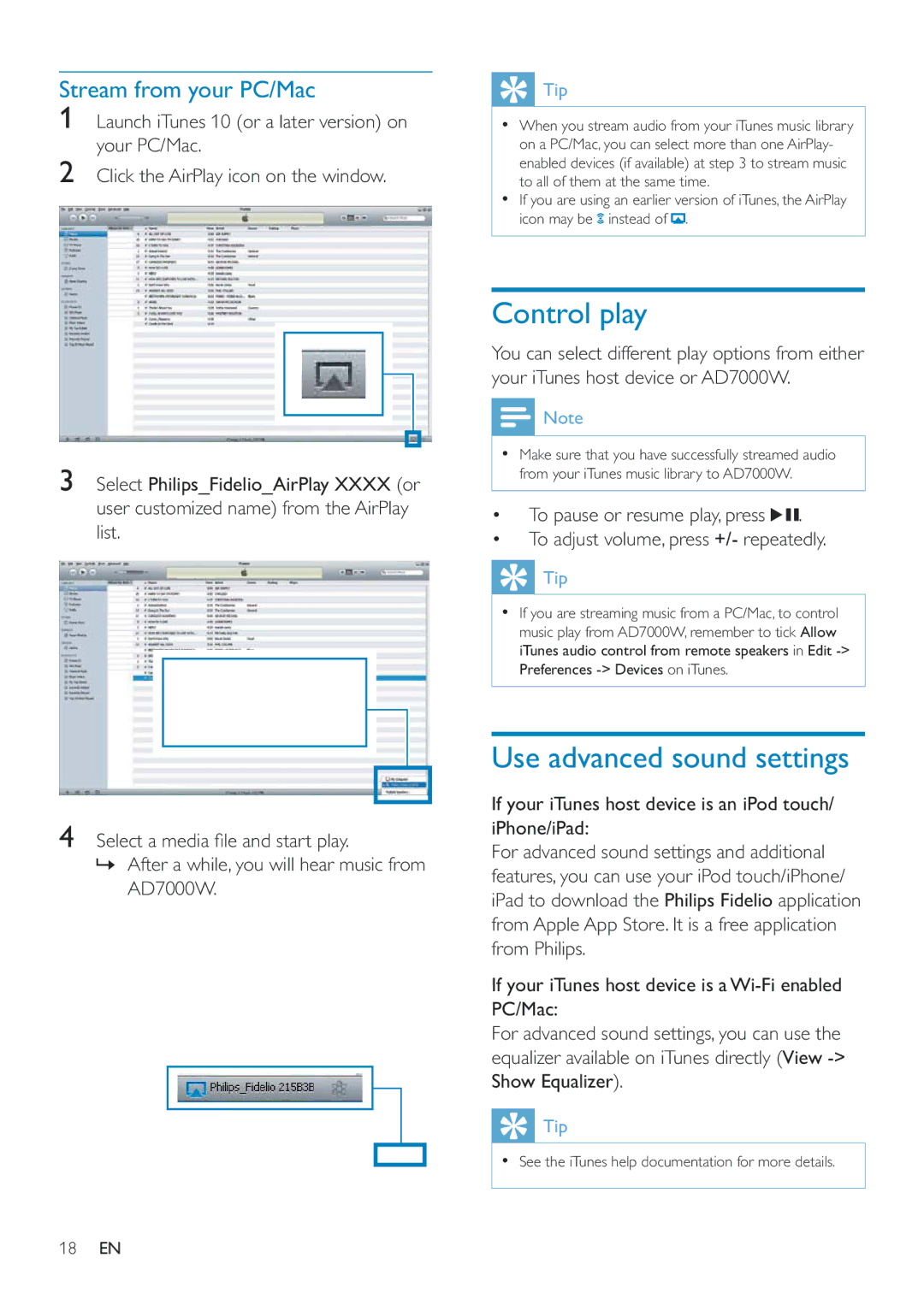 Philips AD7000W/12 user manual Control play, Use advanced sound settings, Stream from your PC/Mac, Show Equalizer 