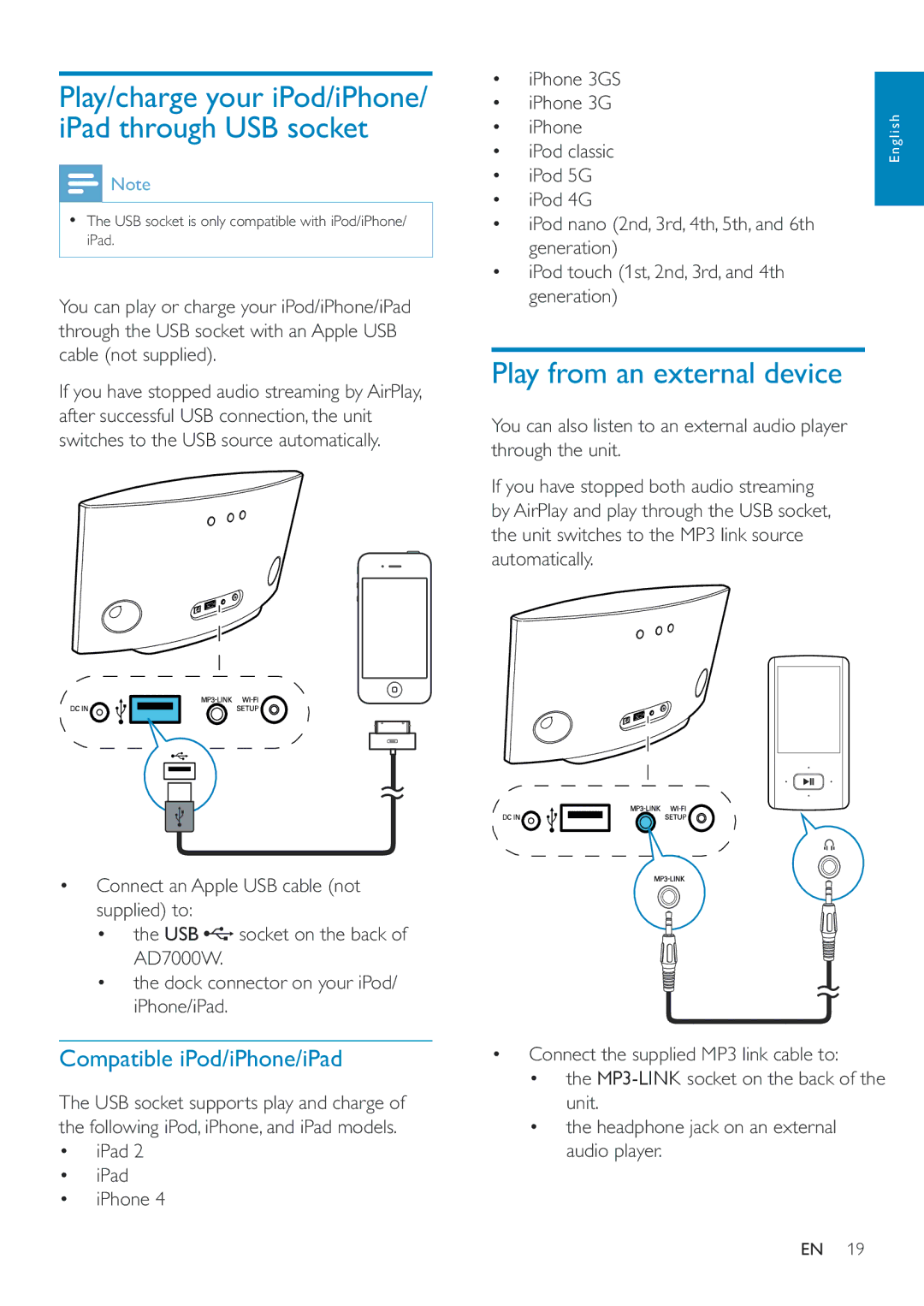 Philips AD7000W/12 user manual Play from an external device, Compatible iPod/iPhone/iPad, IPhone 3GS, IPod classic 