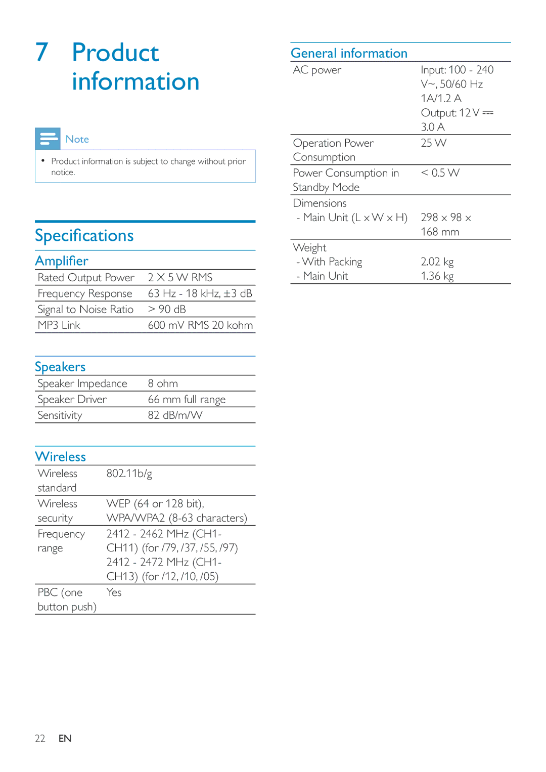 Philips AD7000W/12 user manual Product information, Speakers, Wireless, General information 