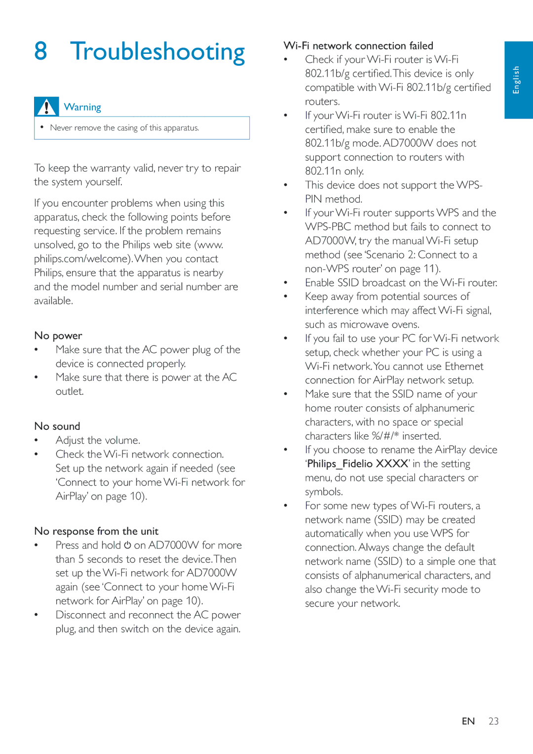 Philips AD7000W/12 user manual Troubleshooting 