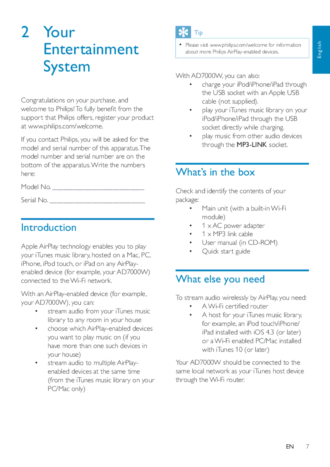 Philips AD7000W/12 user manual Introduction, What’s in the box, What else you need, With AD7000W, you can also 