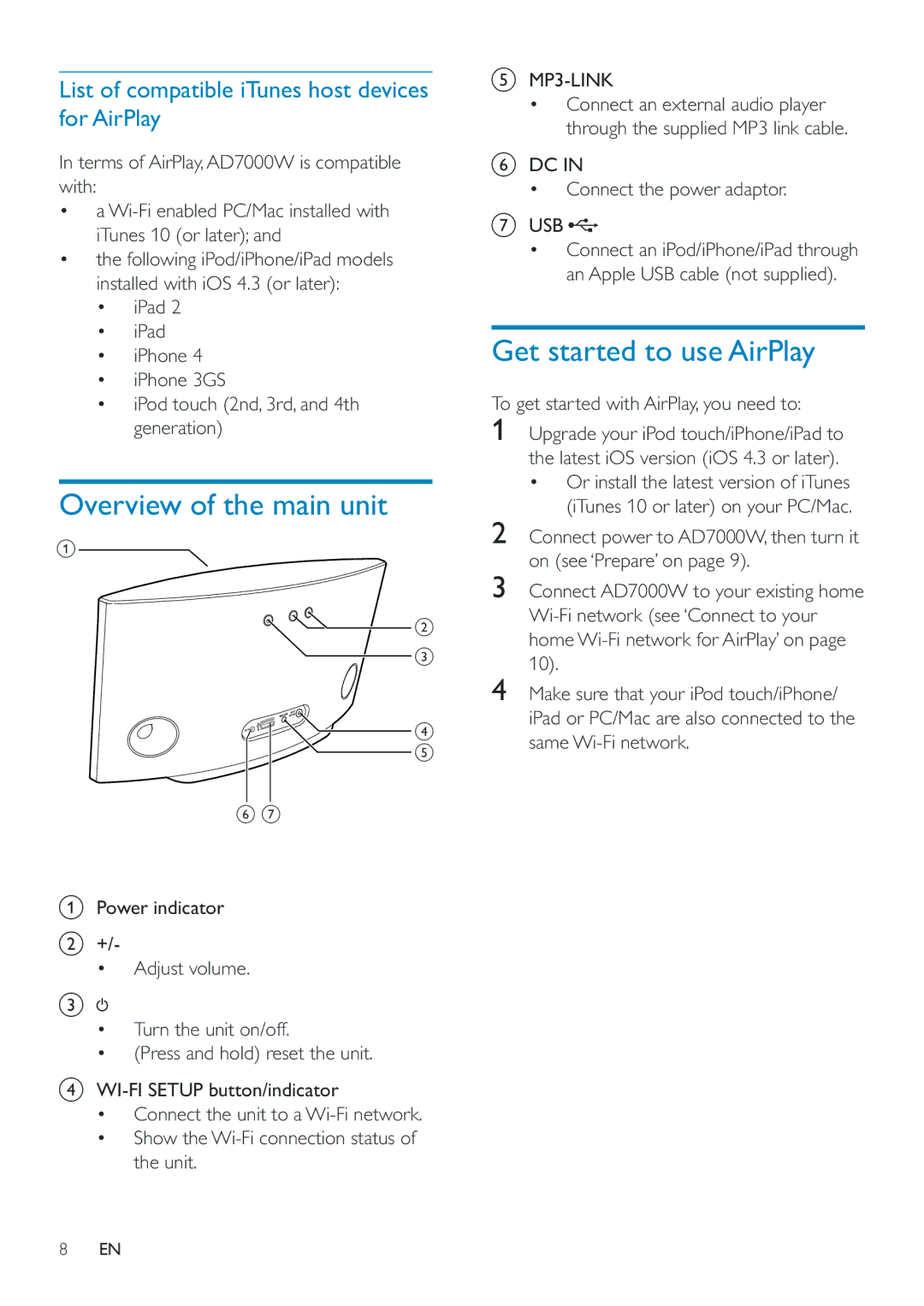 Philips AD7000W/12 user manual Overview of the main unit, Get started to use AirPlay 