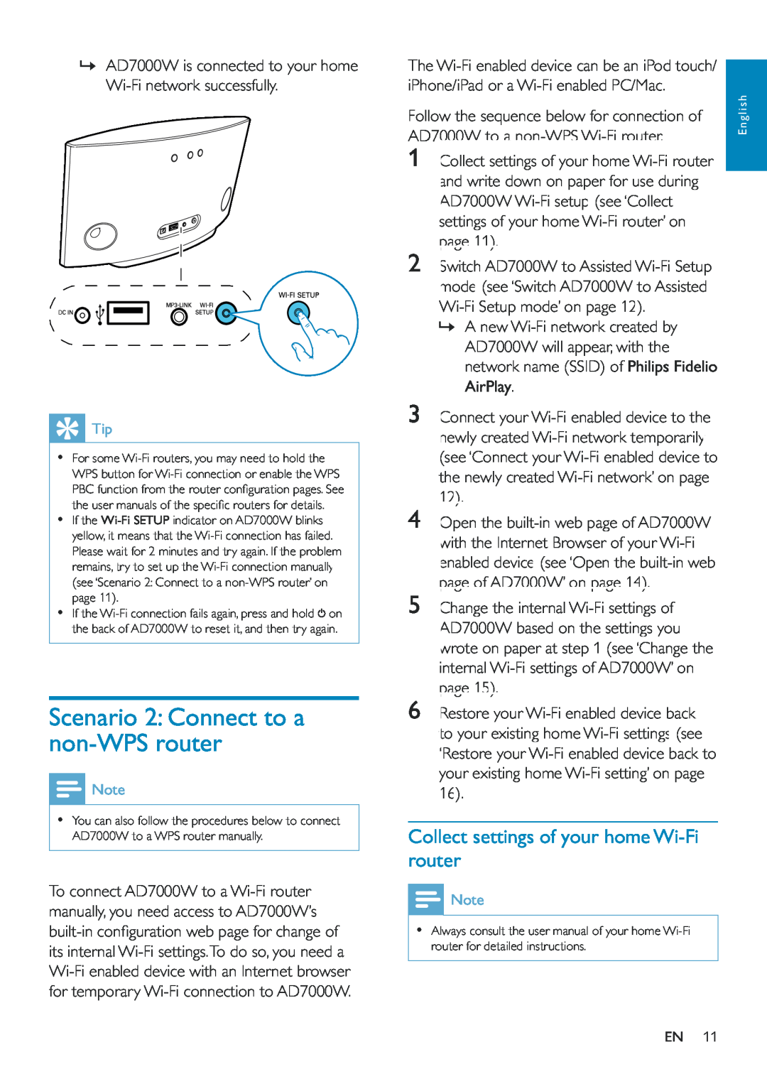 Philips AD7000W/12 user manual Scenario 2 Connect to a non-WPSrouter, Collect settings of your home Wi-Firouter 