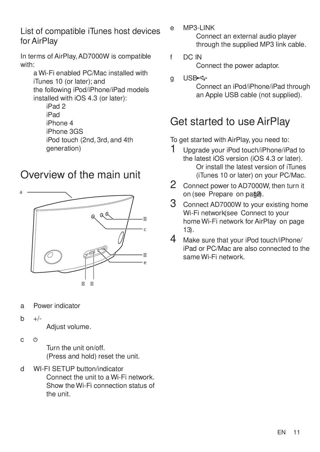 Philips AD7000W/37 user manual Get started to use AirPlay, Overview of the main unit, Connect the power adaptor 