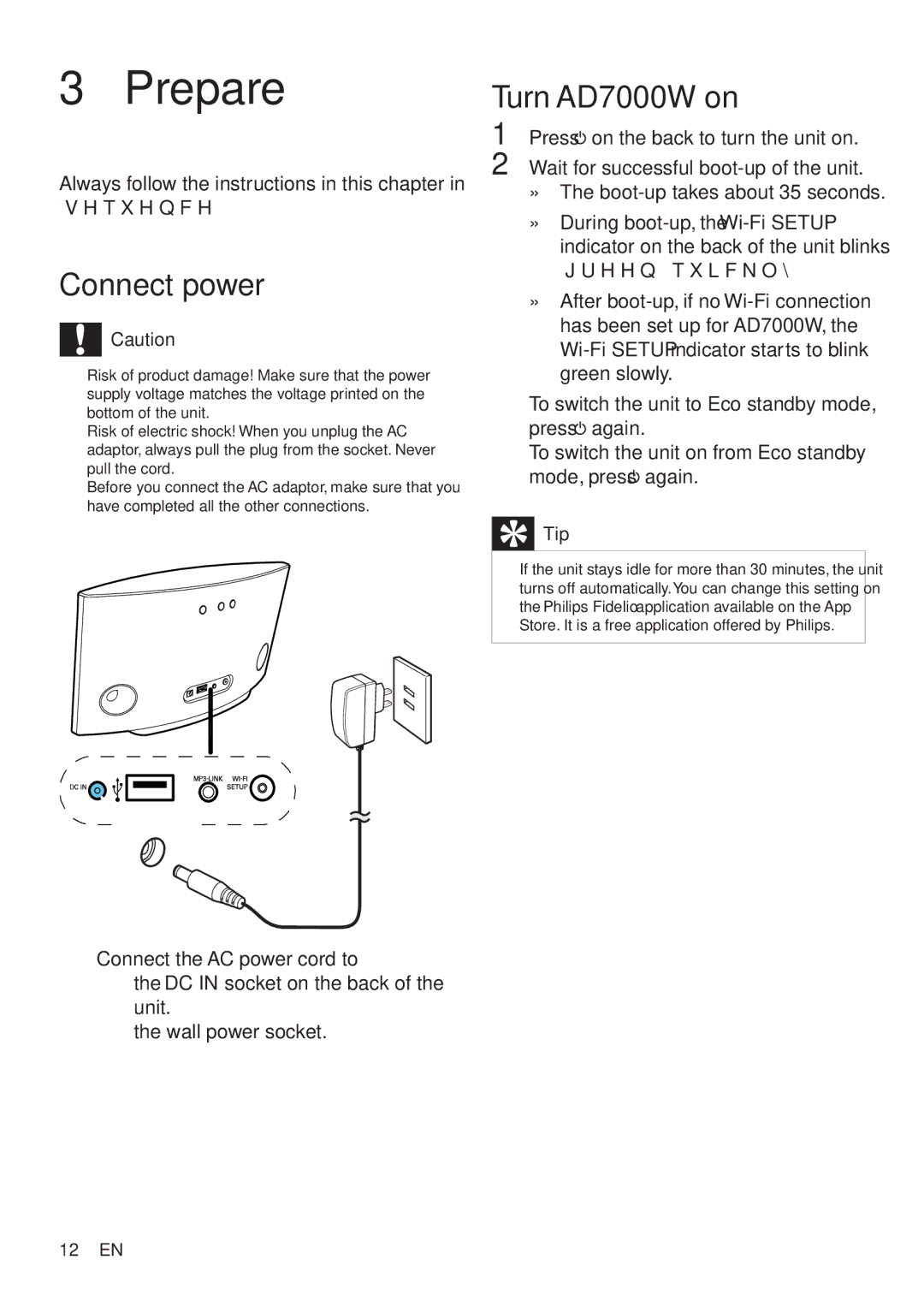 Philips AD7000W/37 Prepare, Connect power, Turn AD7000W on, Always follow the instructions in this chapter in sequence 