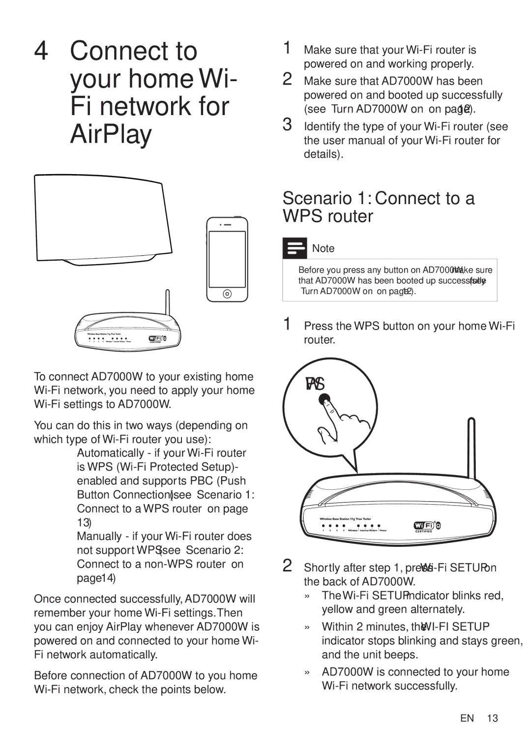 Philips AD7000W/37 user manual Connect to your home Wi- Fi network for AirPlay, Scenario 1 Connect to a WPS router 